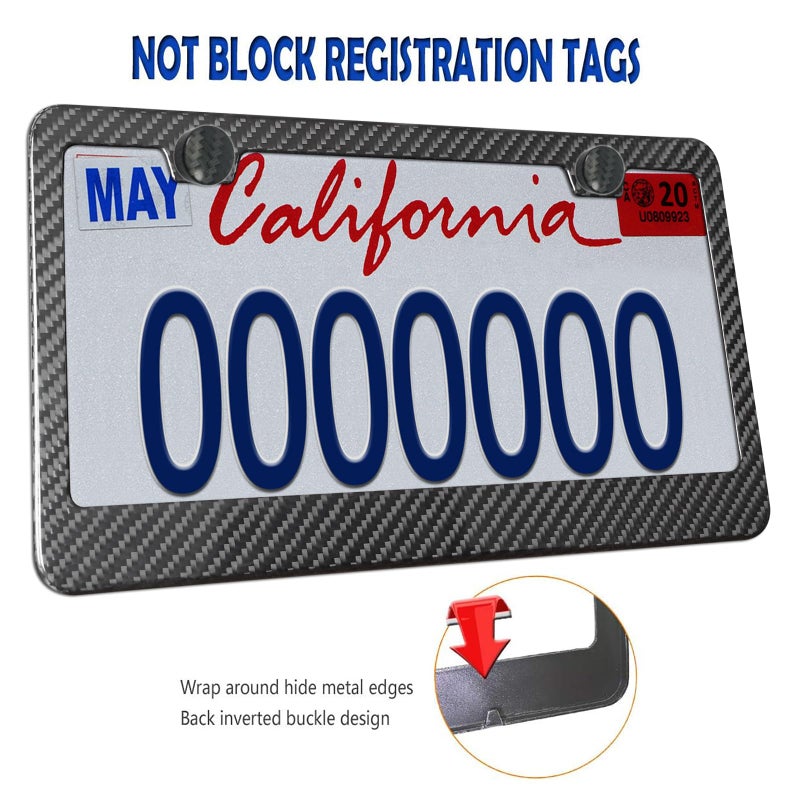 Aootf Carbon Fiber License Plate Frame- Handcrafted of 100% Real Carbon Fiber Cloth Wrap Stainless Steel Frame | Rustproof License Plate Screws with CF Screw Caps | Gloss Black 2 Holes | 1 Pack - Image 2